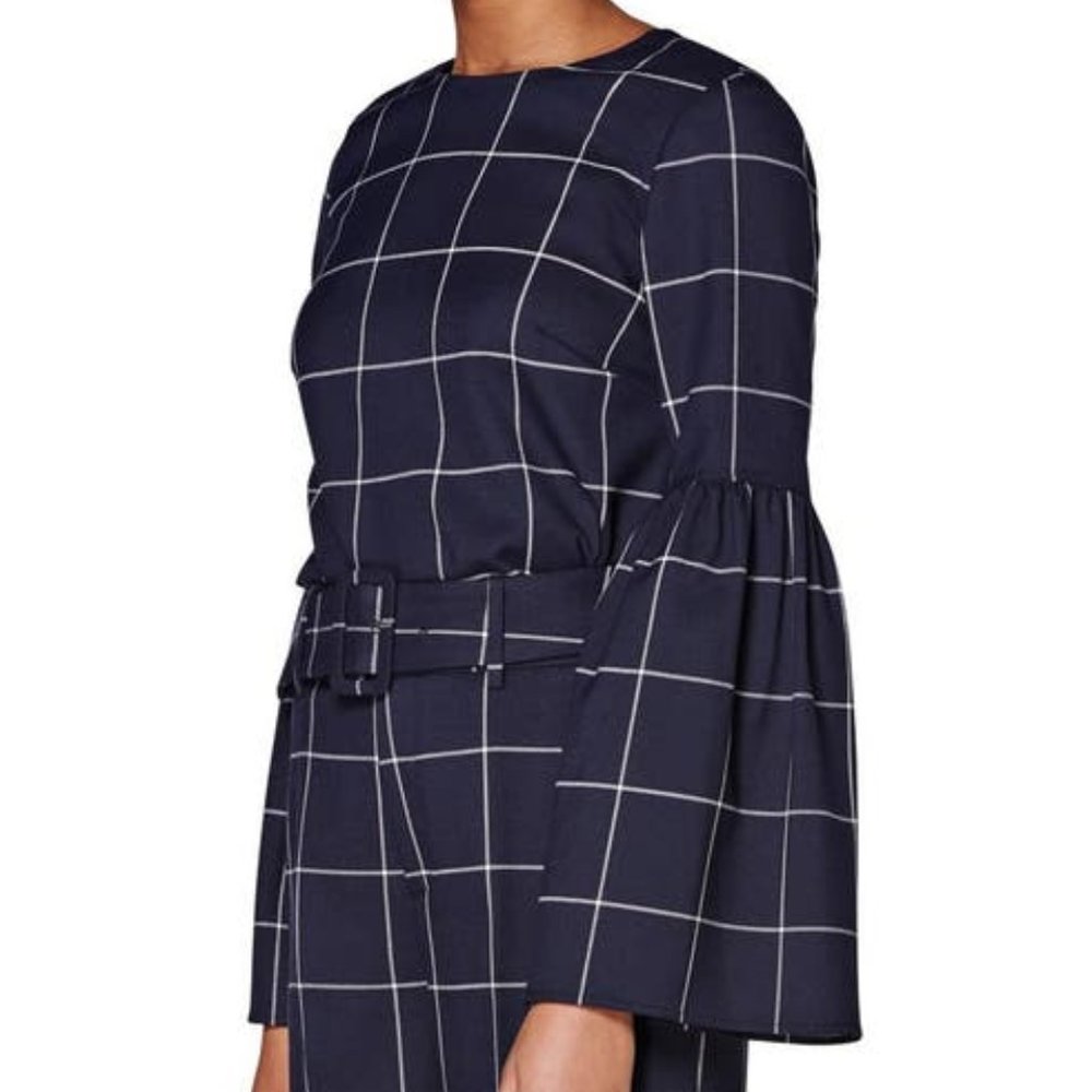 NEW SUISTUDIO Dixon Blouse Long Sleeve Bell Trim Windowpane Checkered Navy White - Picture 3 of 4